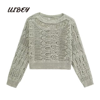 Uibey เสื้อถัก คอกลม แขนยาว แบบโปร่ง 3859