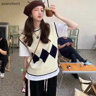 Yuan เสื้อกันหนาวแขนกุดลําลอง ผ้าถัก ทรงหลวม พิมพ์ลาย สไตล์วินเทจ สําหรับผู้หญิง ZHN