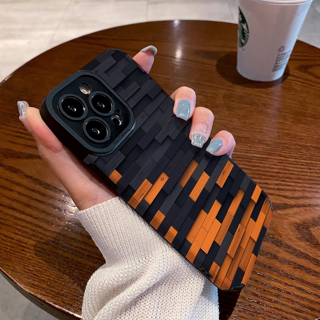 【ผิวสัมผัสแลมบ์】เคสโทรศัพท์มือถือแบบนิ่ม ทรงสี่เหลี่ยม ลายตาราง สีดําส้ม 3D สําหรับ IPhone 6S 7 Plus 8 Plus X XS XR XS Max 11 13 12 14 PRO Max 14 Plus 12 13 Mini