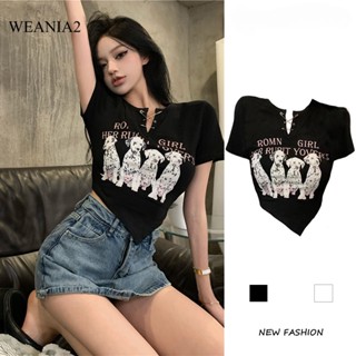 Weania-2 เสื้อยืดครอปท็อป พิมพ์ลายการ์ตูน ขาไม่สม่ําเสมอ แฟชั่นฤดูร้อน สําหรับผู้หญิง