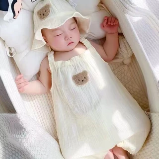 ชุดจั๊มสูทรอมเปอร์ ผ้าฝ้ายแท้ พร้อมหมวก แฟชั่นฤดูร้อน สไตล์เกาหลี สําหรับเด็กผู้ชาย และเด็กผู้หญิง อายุ 0-18 เดือน