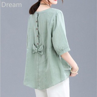 Large size summer cotton and linen top back bow loose short sleeve tanned women