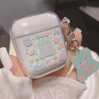 Phjm2 ใหม่ เคสหูฟังบลูทูธไร้สาย ลายหมีสีเขียว พร้อมสายคล้อง สําหรับ Airpods 2 1st airpro3 1 2 3