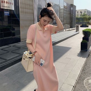 【Polo Dress Oversized】(40-150kg) ชุดเดรสโปโล แขนสั้น สีชมพู ทรงหลวม สไตล์เกาหลี