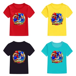 เสื้อยืดแขนสั้นลําลอง ทรงหลวม พิมพ์ลาย Mingyuan Mario and Sonic at the Olympic สําหรับผู้ชาย และผู้หญิง
