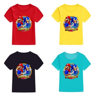 เสื้อยืดแขนสั้นลําลอง ทรงหลวม พิมพ์ลาย Mingyuan Mario and Sonic at the Olympic สําหรับผู้ชาย และผู้หญิง