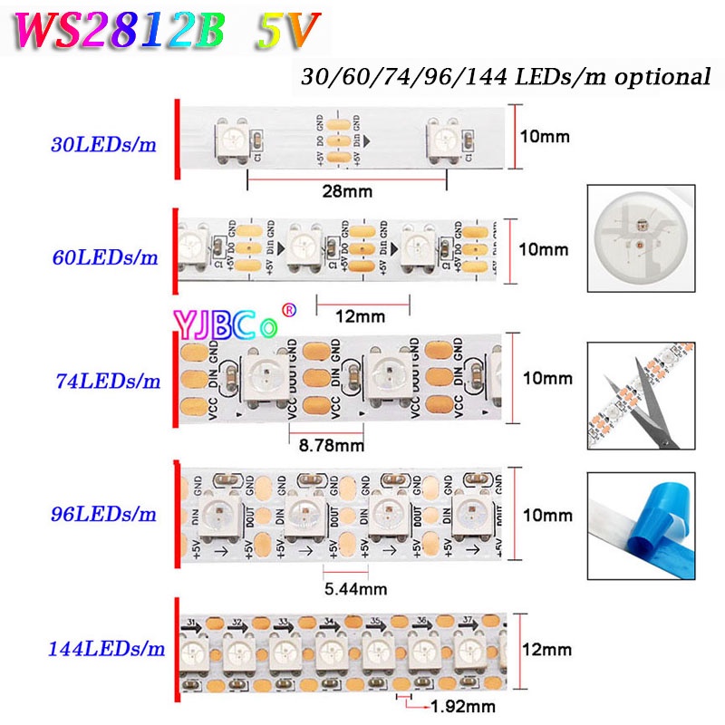 แถบไฟนีออน LED DC5V WS2812B 5V 30 60 74 96 144 พิกเซล m WS2811 IC WS2812 IP30 IP65 IP67 ยาว 1 เมตร