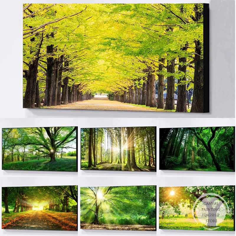 Green Tree Forest ภาพวาดผ้าใบธรรมชาติภูมิทัศน์โปสเตอร์และพิมพ์ Wall Art สําหรับห้องนั่งเล่น HD ภาพ Sunshine Home Decor
