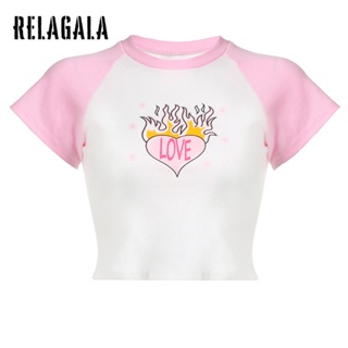 Relagala ใหม่ เสื้อยืดลําลอง แขนสั้น คอกลม เข้ารูป พิมพ์ลาย เซ็กซี่ แฟชั่นสําหรับสตรี 2023