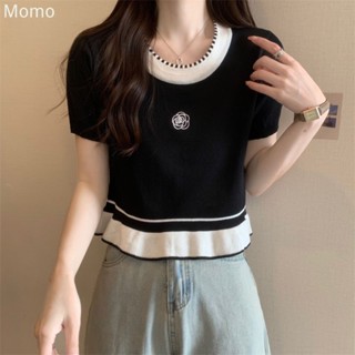 momo~เสื้อแขนสั้น เวอร์ชั่นเกาหลีถักด้านบน เสื้อถักแขนสั้น  MQ120