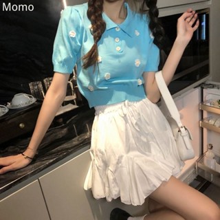 momo~เสื้อสเวตเตอร์ถักสไตล์ชาแนล น้ำแข็งผ้าไหมดอกไม้ถักแขนสั้น เวอร์ชั่นเกาหลีถักด้านบน MQ125