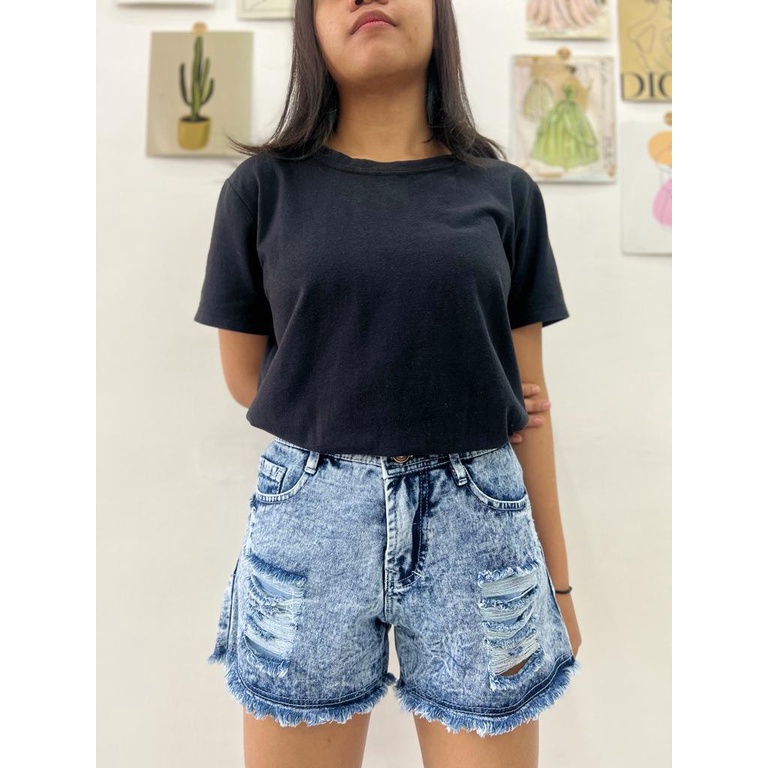 กางเกงยีนส์ Hotpants สําหรับผู้หญิงเอวกระดุม bluewash B-649