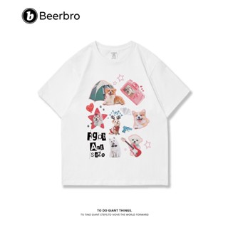 BEERBRO เสื้อยืดผู้หญิง ผ้าฝ้ายแท้ การ์ตูนน่ารักพิมพ์ เสื้อยืดแขนสั้น