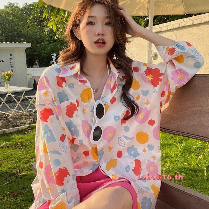พร้อ​มส่ง​​ เสื้อผ้าแฟชั่น S-2XL เสื้อลายดอกหวาน ใหม่ น่ารัก สด ขนาดเล็ก หลวม บาง ยาวปานกลาง เสื้อแขนยาว ด้านบนป้องกันแสงแดด