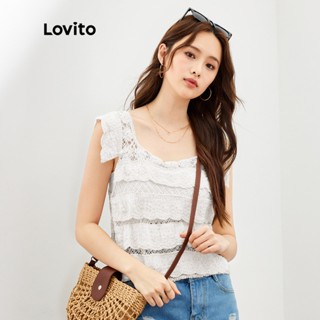 Lovito เสื้อถัก คอเหลี่ยม แต่งระบาย ตาข่ายตัดกัน สีพื้น สไตล์โบโฮ สำหรับผู้หญิง L47ED108 (สีขาว)