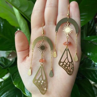 Sun Moon Cicada ปีกต่างหูแผ่นทองแดงธรรมชาติ ต่างหูหินแฮนด์เมด