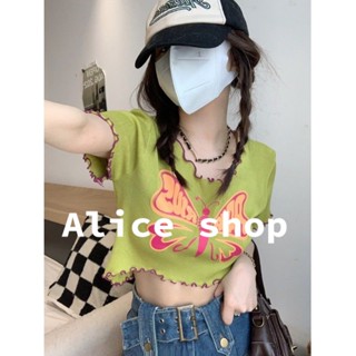 Alice เสื้อยืด เสื้อผ้าผู้หญิงแฟชั่น เสื้อเอวลอยผู้หญิง A29J105