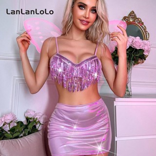 Lanlanlolo เสื้อสายเดี่ยว ประดับเลื่อม เปิดหลังเซ็กซี่ สีพื้น สําหรับผู้หญิง 2023