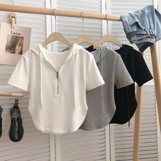 เสื้อยืดแขนสั้น มีฮู้ด แต่งซิป สไตล์เกาหลี แฟชั่นฤดูร้อน สําหรับผู้หญิง และนักเรียน