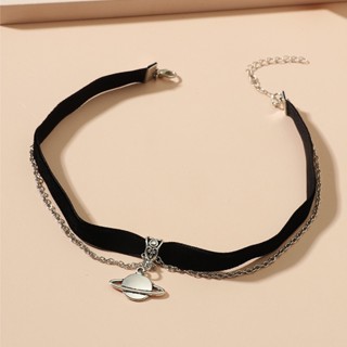 2023 New European and American Style Saturn Pendant Black Short Punk Choker Necklace Neckchain
