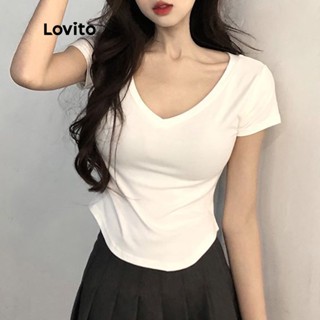 Lovito เสื้อยืด แขนสั้น คอวีลึก ชายไม่เสมอกัน สีพื้น สไตล์ลำลอง สำหรับผู้หญิง LNA04025 (สีขาว)