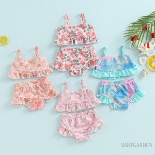 Babygarden-6 เดือน - 3 ปี ชุดบิกินี่เด็กผู้หญิง, เสื้อครอปเปิดไหล่ แขนกุด + ชุดว่ายน้ํา กางเกงขาสั้น แต่งระบาย ชายหาด