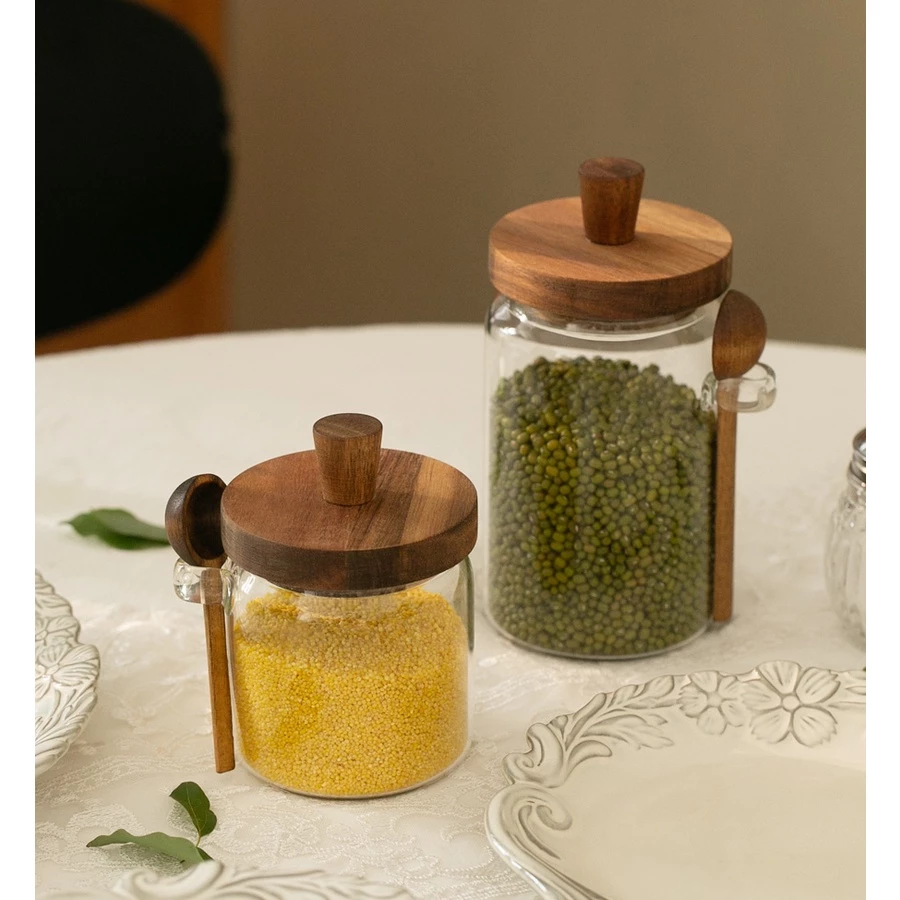 HERA ขวดโหลแก้ว ขวดใส่เครื่องปรุง พร้อมช้อน ฝาปิดไม้ Glass Seasoning Bottle with Spoon Airtight Food Storage Box Wooden Lid