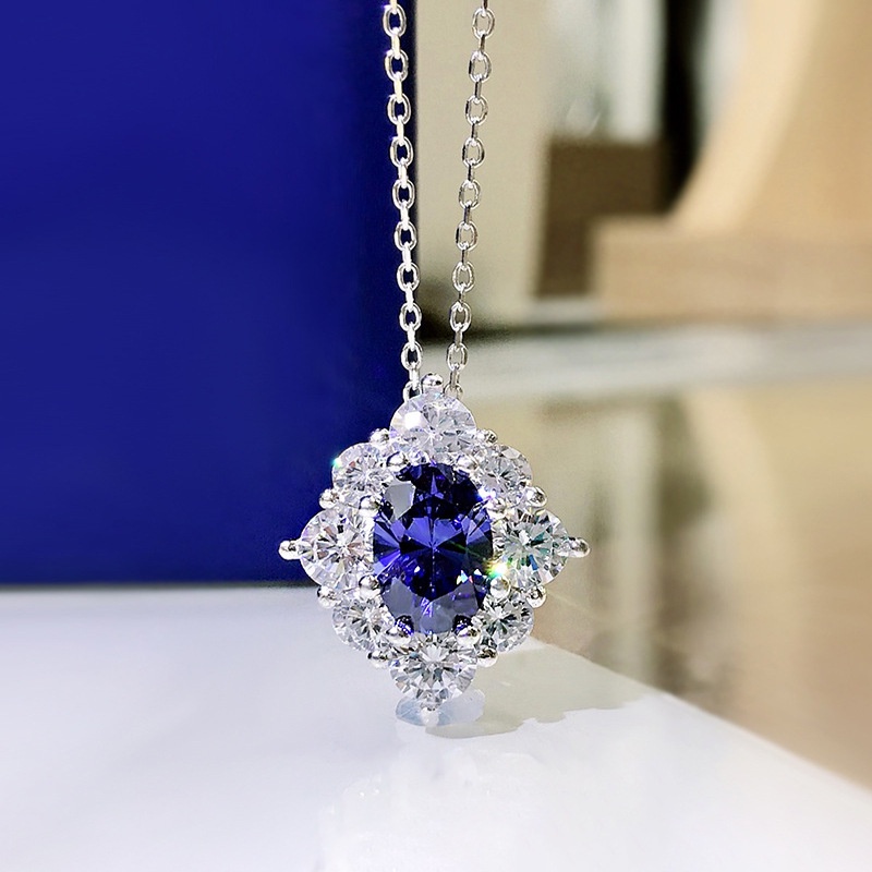 T Classy Sapphire Blue Zircon ดอกไม้สร้อยคอผู้หญิงประณีตสร้อยคอจี้เรขาคณิต