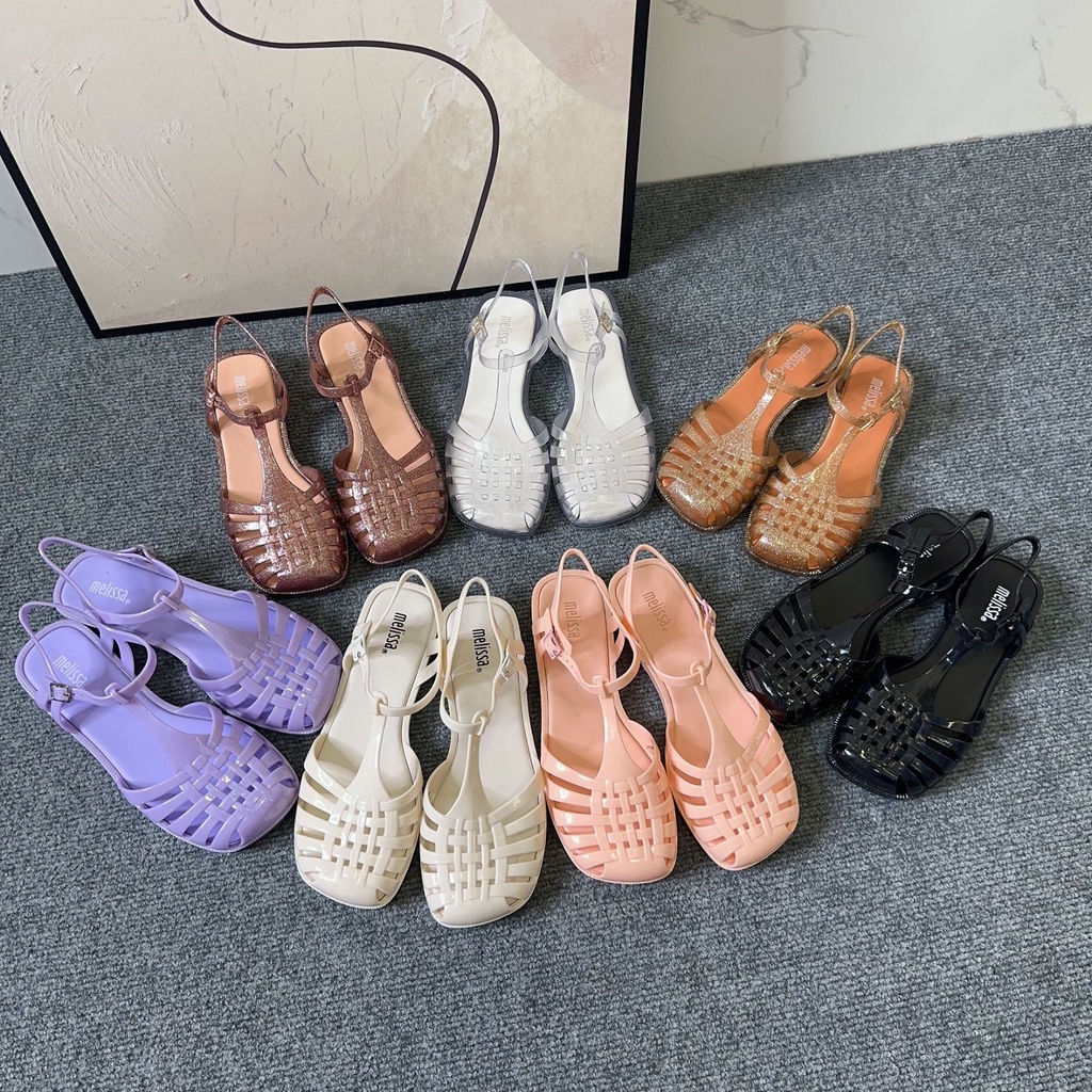 [ คลังสินค ้ าพร ้ อม ] NewMelissa- Summer Square Toe Roman Flat Sandals Casual Beach Gel Shoes Hollow out