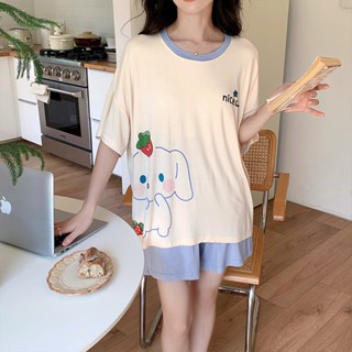 Summer modal pajamas new thin section cartoon printing womens short-sleeved shorts simple suit (with chest pad)