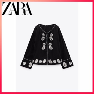 Zara ใหม่ เสื้อเชิ้ต ผ้าฝ้าย ปักลาย สีดํา สําหรับผู้หญิง