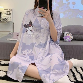 Summer new ice silk cartoon kuromi lady nightdress Womens Summer Sexy Sweet Short Sleeve Pajamas Long Dress