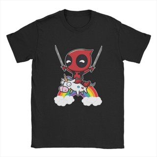 ขายดี เสื้อยืดแขนสั้น ผ้าฝ้าย 100% พิมพ์ลาย Marvel Deadpool On A Unicorn Crazy สําหรับผู้ชาย 2023