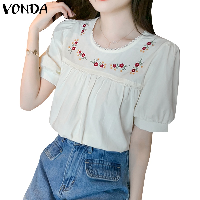 Vonda เสื้อคอกลม แขนสั้น ปักลาย สไตล์เกาหลี สําหรับผู้หญิง