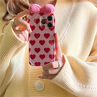 เคสโทรศัพท์มือถือ ลายหัวใจ ประดับโบว์ สามมิติ สีชมพู สําหรับ IPhone 7 7 Plus 8 8 Plus XS XR 11 12 13 14 Pro Plus Promax