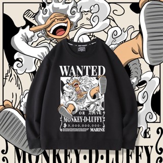 เสื้อคอกลม แขนยาว ผ้าฟลีซ แบบหนา ลายการ์ตูนอนิเมะ One Piece Luffy Nika ทรงหลวม สําหรับผู้ชาย