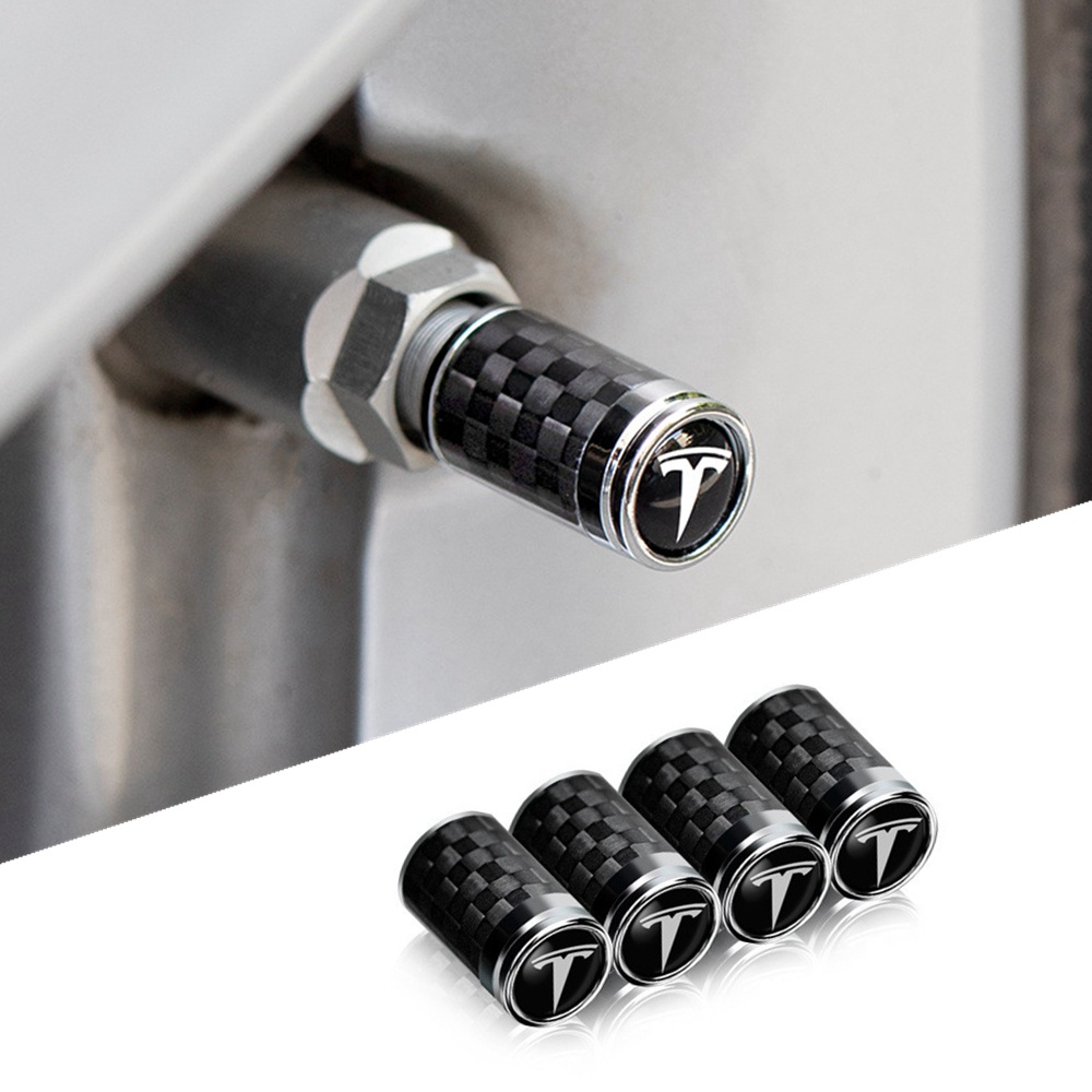 4pcs รถยางหมวก,Teslaโลโก้วาล์วStem Capตกแต่งอุปกรณ์เสริมสําหรับTeslaรุ่น 3YS Highland (คาร์บอนFibre)
