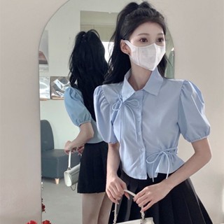 Milyfashion เสื้อเชิ้ตแขนพัฟ สั้น เอวแคบ ประดับโบว์ สีฟ้า แฟชั่นฤดูร้อน 2023