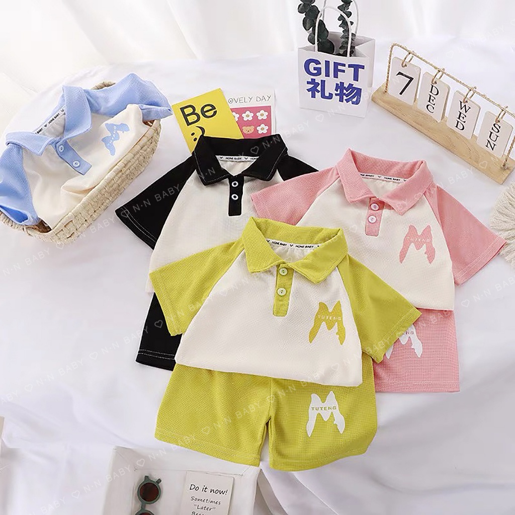 ชุดเด็ก เสื้อผ้าเด็ก เสื้อโปโลแขนสั้น คอปก และกางเกงขาสั้น M สไตล์เกาหลี
