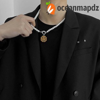 OCEANMAPDZ สร้อยคอโซ่ จี้ลูกปัดไข่มุกเทียม หน้ายิ้ม สไตล์พังก์ ฮิปฮอป ป๊อป สําหรับผู้ชาย