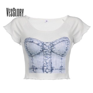 Vesglory เสื้อครอปท็อปลําลอง คอกลม แขนสั้น พิมพ์ลาย สไตล์เดนิม แฟชั่นสําหรับสตรี 2023