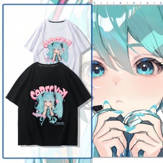 Hatsune Miku เสื้อแขนสั้นผู้ชายและผู้หญิง 2023 ฤดูร้อนใหม่ผ้าฝ้ายญี่ปุ่น all-match เสื้อยืดแนวลำลอง เสื้อผ้า