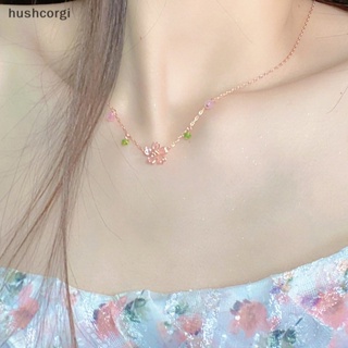 [hushcorgi] สร้อยคอโชคเกอร์ จี้ดอกซากุระ สีชมพู ประดับเพทาย สไตล์เกาหลี โรแมนติก ของขวัญ สําหรับผู้หญิง