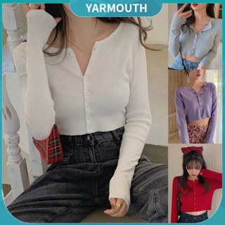 Yyr-- เสื้อยืดแขนยาว ผ้าถัก กระดุมด้านบน เข้ารูป สีพื้น สําหรับผู้หญิง