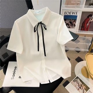 Milyfashion เสื้อเชิ้ตแขนสั้น ผ้าชีฟอง คอตุ๊กตา ผูกโบว์ สีขาว สไตล์ใหม่ เหมาะกับฤดูร้อน