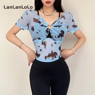 Lanlanlolo เสื้อยืดลําลอง แขนสั้น คอวี พิมพ์ลาย สองชิ้น แฟชั่นสําหรับสตรี 2023