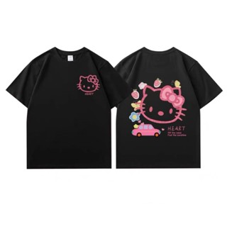 Unisex Hello Kitty เสื้อยืดแขนสั้นสีขาวหญิง 2023 ฤดูร้อนใหม่ผ้าฝ้ายน่ารักเสื้อยืดหลวม ฤดูร้อน