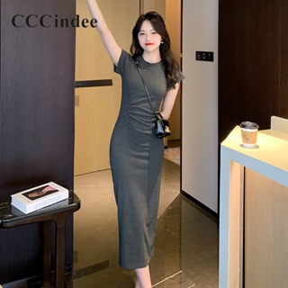 Cccindee ชุดเดรสยาว คอกลม แขนสั้น สีพื้น แฟชั่นใหม่ สําหรับสตรี 2023