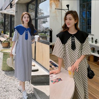 【Dress Oversized】(40-150 กก.) ชุดเดรสสั้น แขนสั้น คอตุ๊กตา ทรงหลวม ลายทาง สไตล์เกาหลี พลัสไซซ์ (สีเบยอนด์)