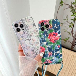 เคสโทรศัพท์มือถือ TPU แบบนิ่ม ลายดอกไม้ กันกระแทก พร้อมสายคล้องคอ หรูหรา สําหรับ iphone 14 13 12 11 Pro Max